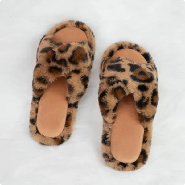 XIXITIAO Women's Plush Print Cross-Strap Fluffy Slippers, Soft Non-Slip Slides, Comfortable Warm Home Footwear for Daily Indoor-Outdoor Walking