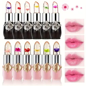 12-Piece Crystal Flower Jelly Lipstick Set (Pink+Black)- Temperature Color Change Lip Gloss , Long-Lasting Moisturizing, Contains Natural Nutrients, Long-lasting Lip Gloss,Valentines Day Gifts