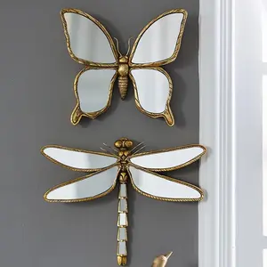 Retro Insect Mirror Decor: Handmade Resin Dragonfly/Butterfly Sculpture, Wall Mounted Pendant & Tabletop Ornament, Creative Home Decor for Living Room Bedroom