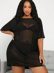 Plus Size Mesh Short Sleeve Dress | Loose Fit Round Neck | Casual Summer Wear