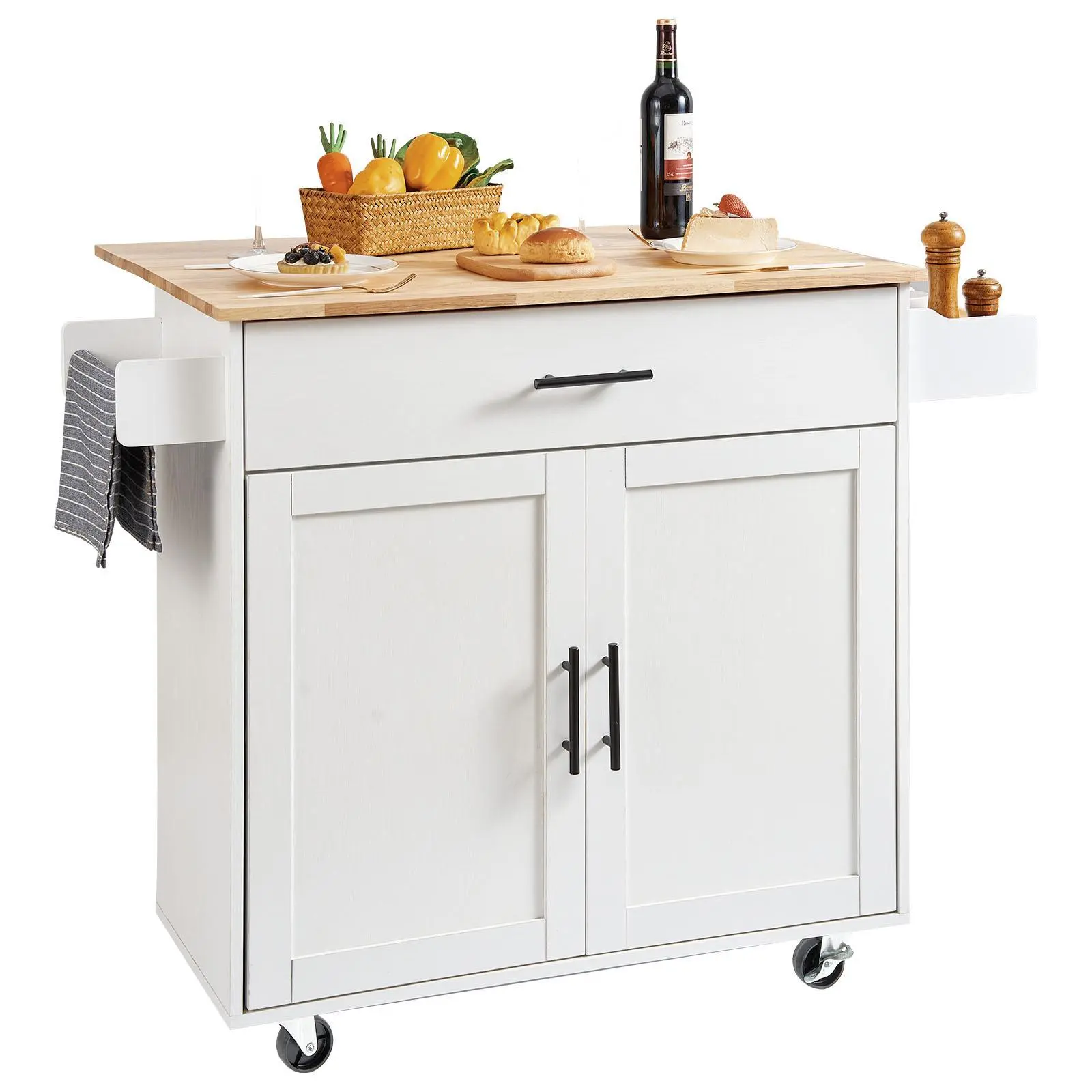 【SummerFinds】VEVOR Portable Rolling Small Kitchen Island Cart with 5mm Thickness Waterproof Solid Wood Top, 35.4" Width, Adjustable Drop Leaf, Storage Cabinet, Drawers, Spice Rack, Towel Rack, Space-Saving, Assembly Required, White