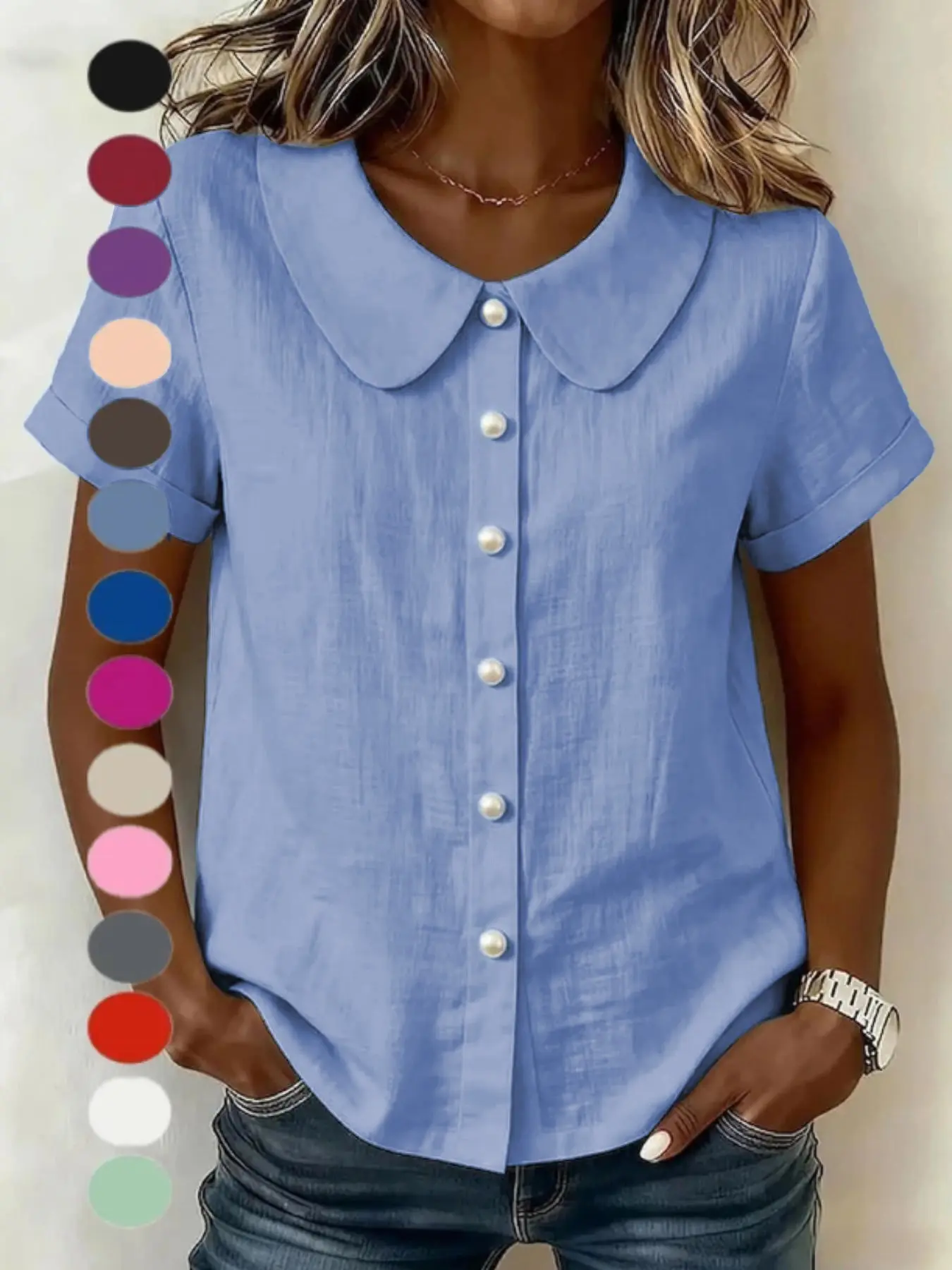 2026 Summer Women's Solid Color Short Sleeve Casual Loose Cotton Linen Peter Pan Collar Button Shirt Blouse, European and American Style, Cross-Border Independent Store, Elegance