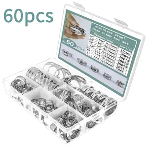 Stainless Steel Hose Clamps Set 60 Pieces, Adjustable 1/4 Inch - 1-1/2 Inch, Worm Gear Metal Fuel Hose Clips for Pipes, Cars, Machinery, Garden, Water Hose Hardware