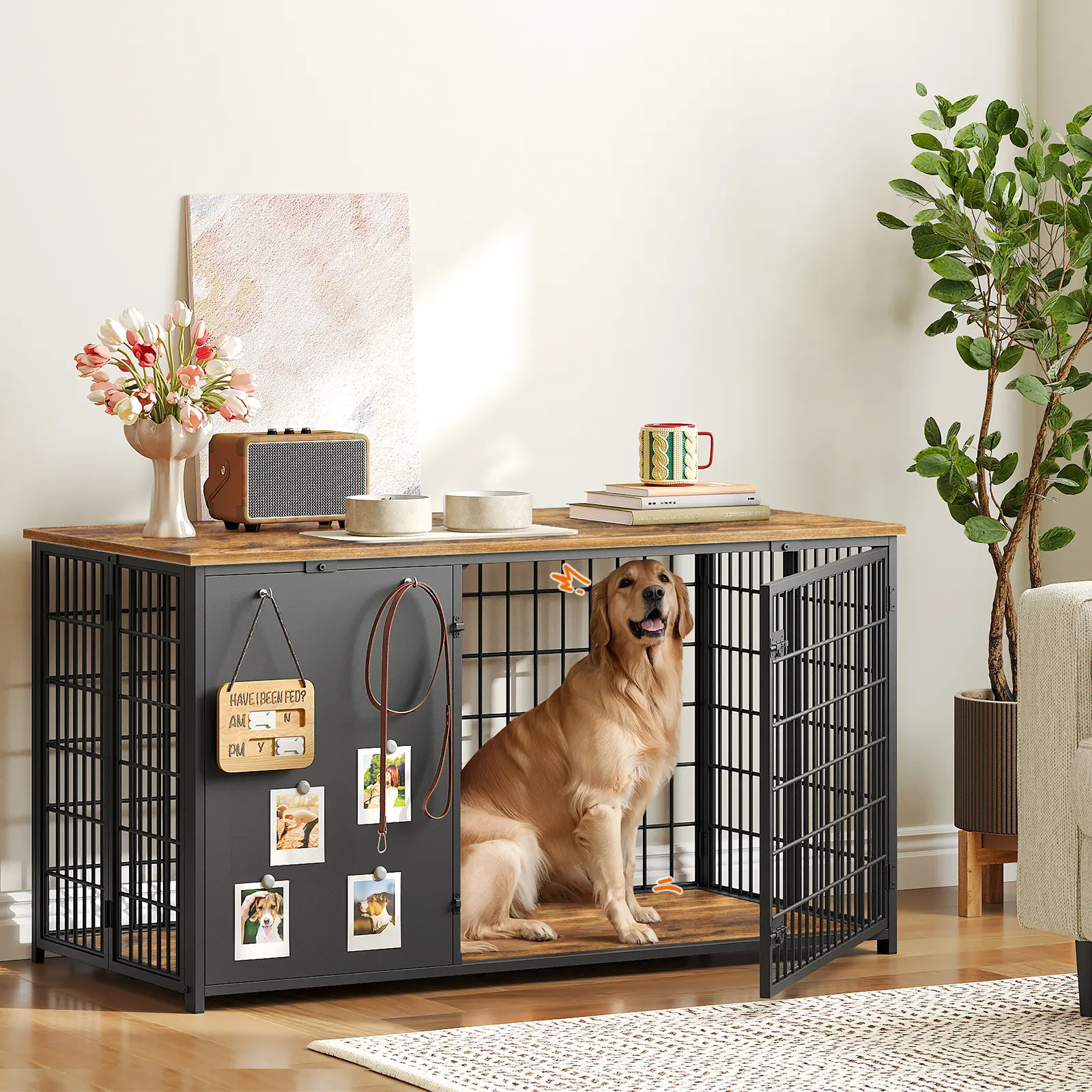 YATINEY 47.2" Dog Crate End Table, Dog Cage with Feeding Reminder, Heavy Duty Dog Kennel Indoor with Attractive Hooks, Wooden Dog Cage End Table, for Large Dog #SummerVibes#DealsforYouDays #SummerGarden