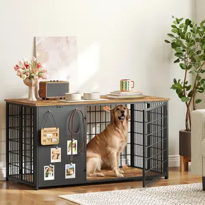 YATINEY 47.2" Dog Crate End Table, Dog Cage with Feeding Reminder, Heavy Duty Dog Kennel Indoor with Attractive Hooks, Wooden Dog Cage End Table, for Large Dog #SummerVibes