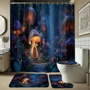 1/4 piece mushroom design bathroom set, including soft floor mat, toilet seat cushion, shower curtain, creating elegant decoration, home decor, floor mat with good rebound, water absorption, anti slip, preferred for gift giving