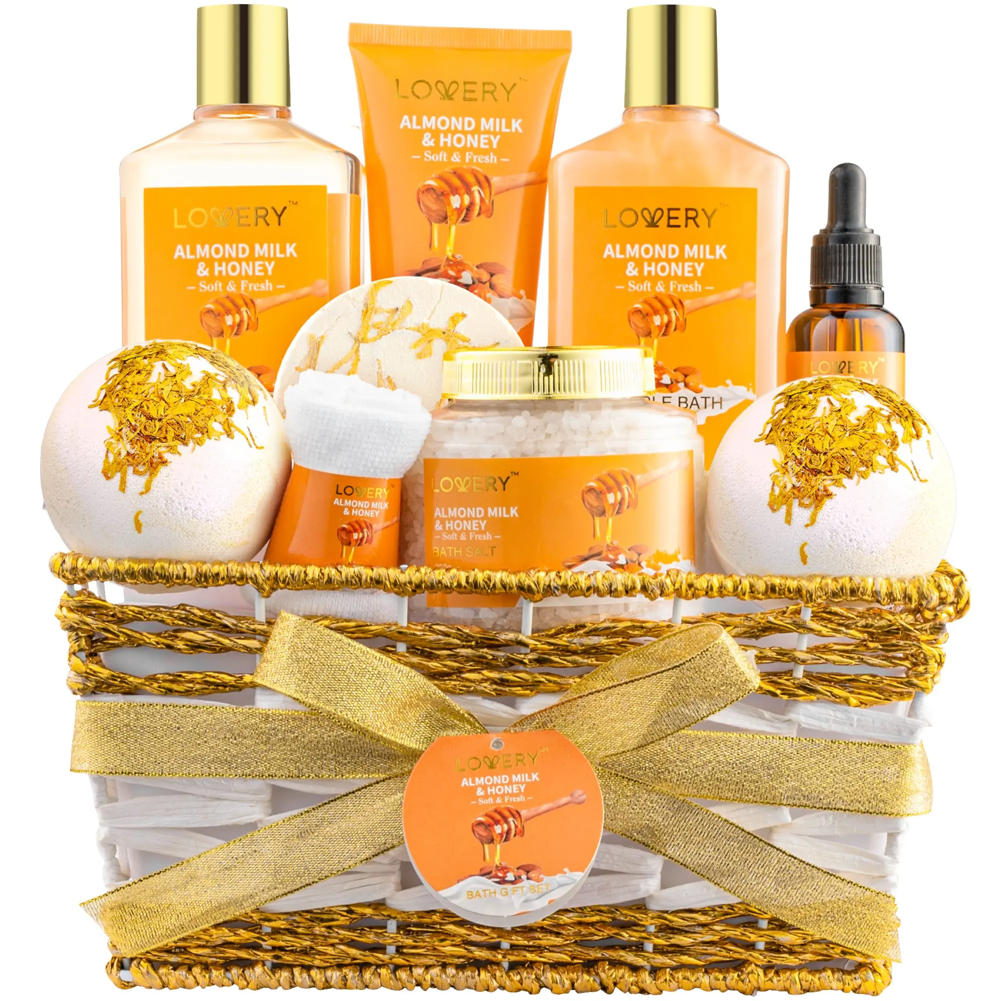 Lovery Spa Gift Basket — Almond Milk & Honey — 10pc Women's Bath Set