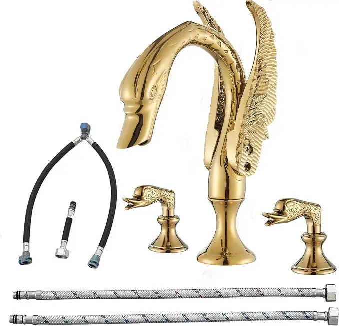 Luxury Golden Swan Bathroom Sink Faucet with 3-Hole Wide Spread Installation, Double Swan Handle Design , Complete Hardware Included (G9/16 Threads) - Classic Contemporary Vanity Faucet for Bathroom Sinks, Brushed Nickel or Gold Two Colors