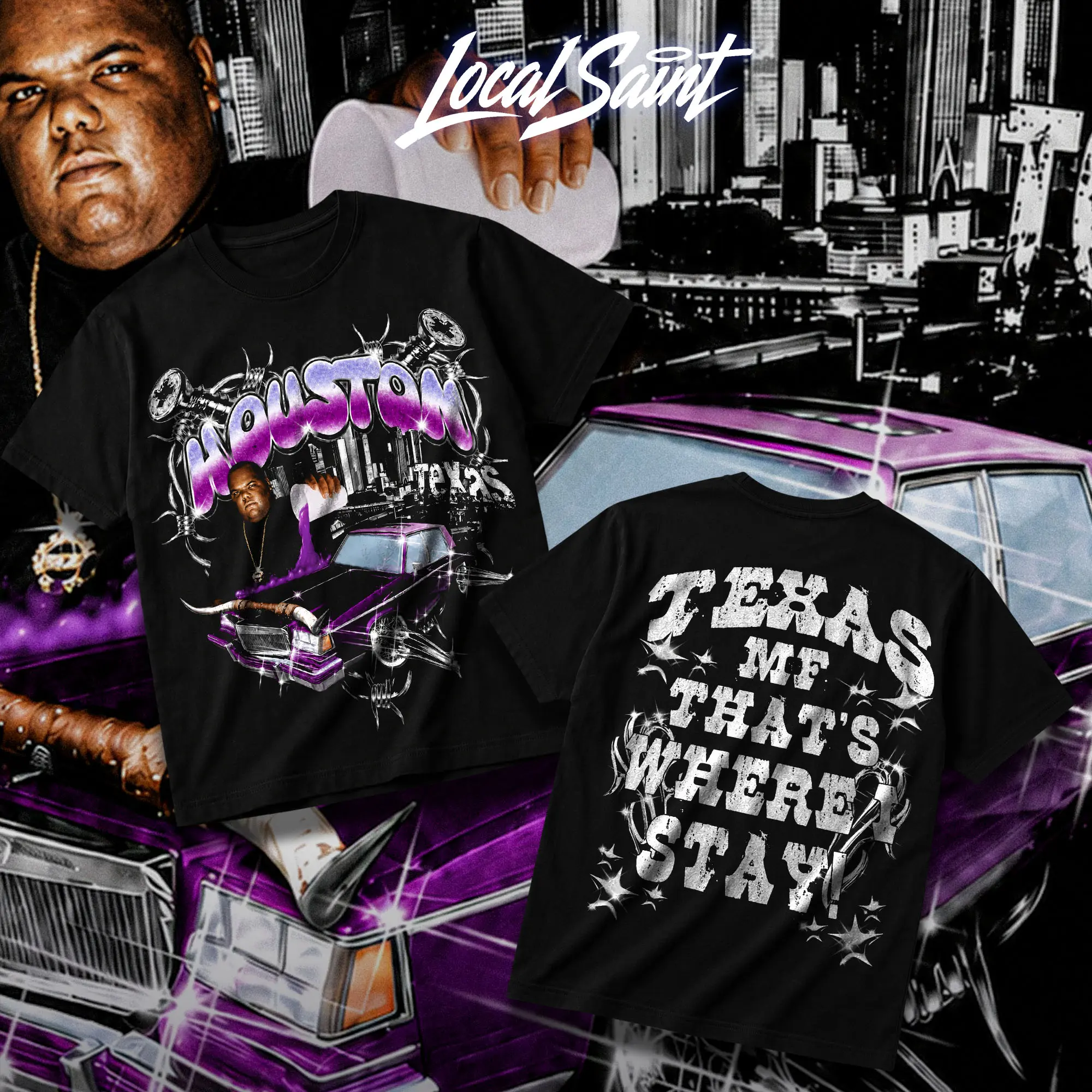 LOCALSAINT Houston TX That's Where I Stay Heavy Cotton Unisex Graphic T-Shirt Hoodie Houston Texas Screwed Up Click DJ Screw 713 Crewneck Tee, Vintage Streetwear Graphic T-Shirt Direct To Garment Breathable Print