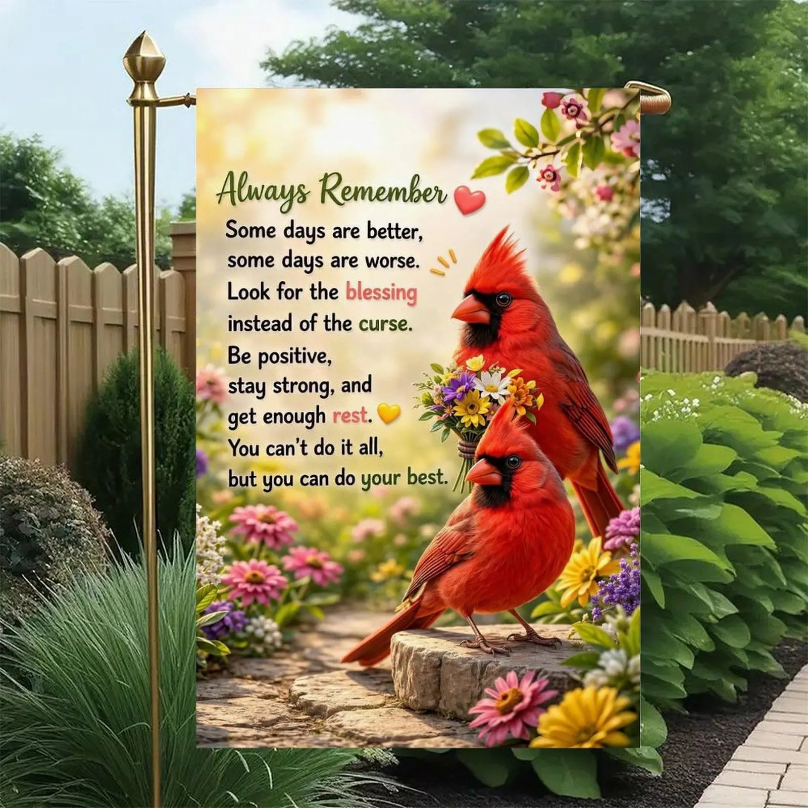 Always Remember Positive Quote Two Red Cardinals Wildflower Path Inspirational Spiritual Garden Flag Double-Sided 12x18in, Encouragement Front Yard Decor Banner