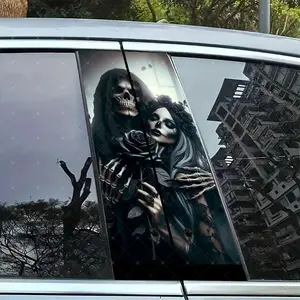 2pc Sunset Skull Couple Car B-Pillar Protection Sticker, Easy Peel & Stick, Sunproof Waterproof Scratch-Resistant, Car Accessories, Fits All Cars