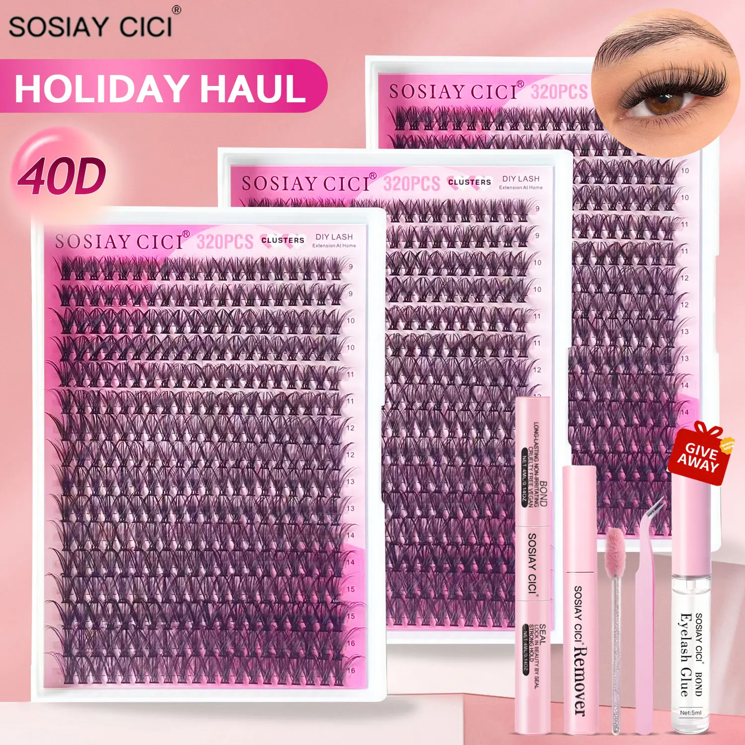 SOSIAYCICI Eyelash Lash Clusters Kit 40D Volume Lash Clusters 320Pcs Eyelash Clusters Waterproof DIY Lash Extension Kit with Lash Bond and Seal Lash Remover Applicator HOLIDAYHAUL TikTok(9-16mix)