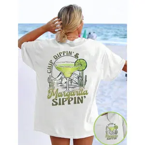 Women's Cotton Tropical Short-Sleeve Casual Fabric T-Shirt - Margarita Design Retro Comfort, 5th May Mexico Celebration Funny Drinking, Chip Dippin Sippin Spring Break Tee