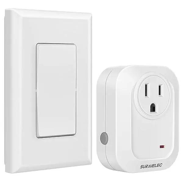 SURAIELEC Wireless Wall Switch Remote Control Outlet, No Wiring, 100ft RF Range, Pre-Programmed, Expandable Wireless Light Switches for Plug in Pendant Light, Lamp (2 Wall Switches and 1 Receiver)