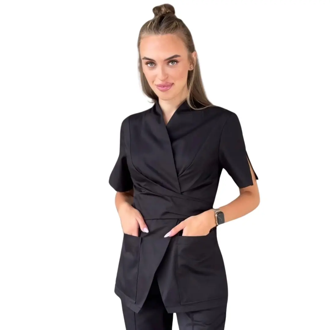Two-Piece Black Cotton Scrubs Women's Set -High quality V-Neck Scrub Top and Pants with two Pockets each Womenswear