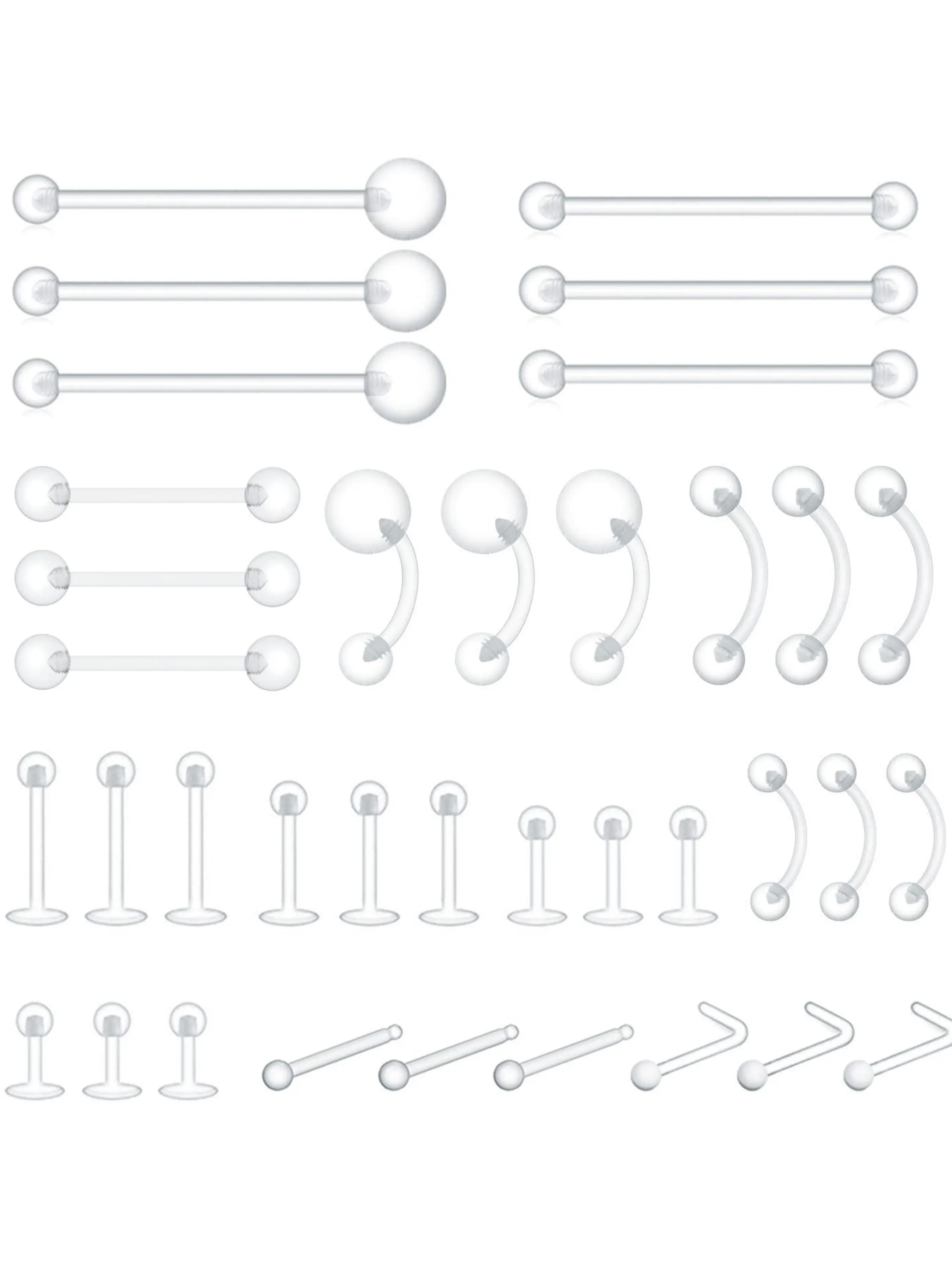 Clear Bioflex Plastic Piercing Retainers, 36pcs Surgical Grade Jewelry for Multiple Piercings, Non-Toxic & Hypoallergenic, Belly Ring, Nose Ring, Septum Piercing