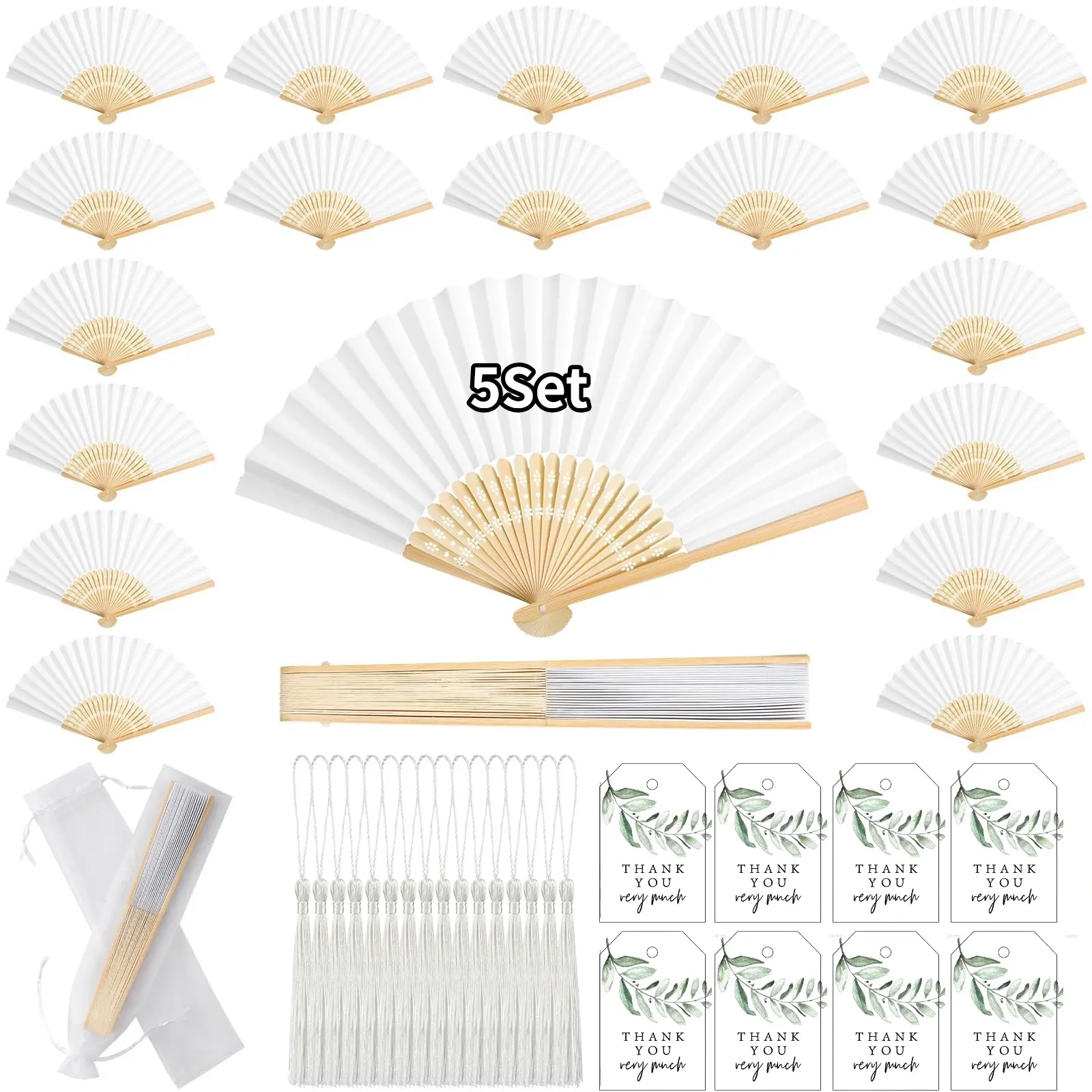5-Piece Wedding Fan Set, Bamboo Handheld Fans with Thank You Cards, Tassels, and Gift Bag, Perfect for Wedding Guests, Party Gifts, Bride Events, Decor, Decoration, Decorating, Decoration Items