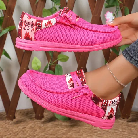 Women's Fashionable Ethnic Pattern Slip-On Sneakers, Casual Comfortable Lightweight Breathable Sports Shoes, Versatile Round Toe Footwear for Daily & Summer Wear, Casual Flat Footwear
