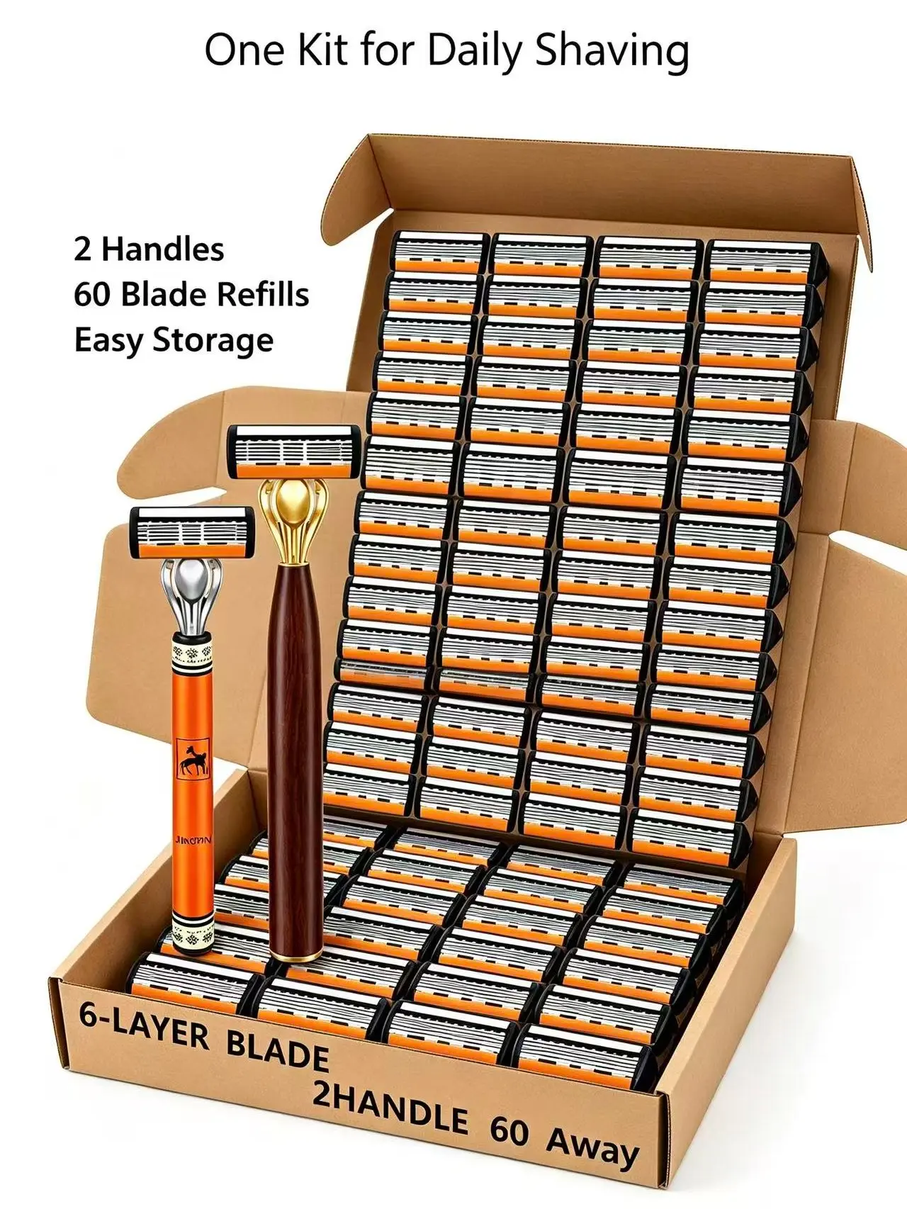 Men's 6-Blade Manual Facial Shaving Razor Kit with 2 Cartridges & 60 Refills, Unscented All-Skin Anti-Cut Tool for Durable Daily Smooth Shave