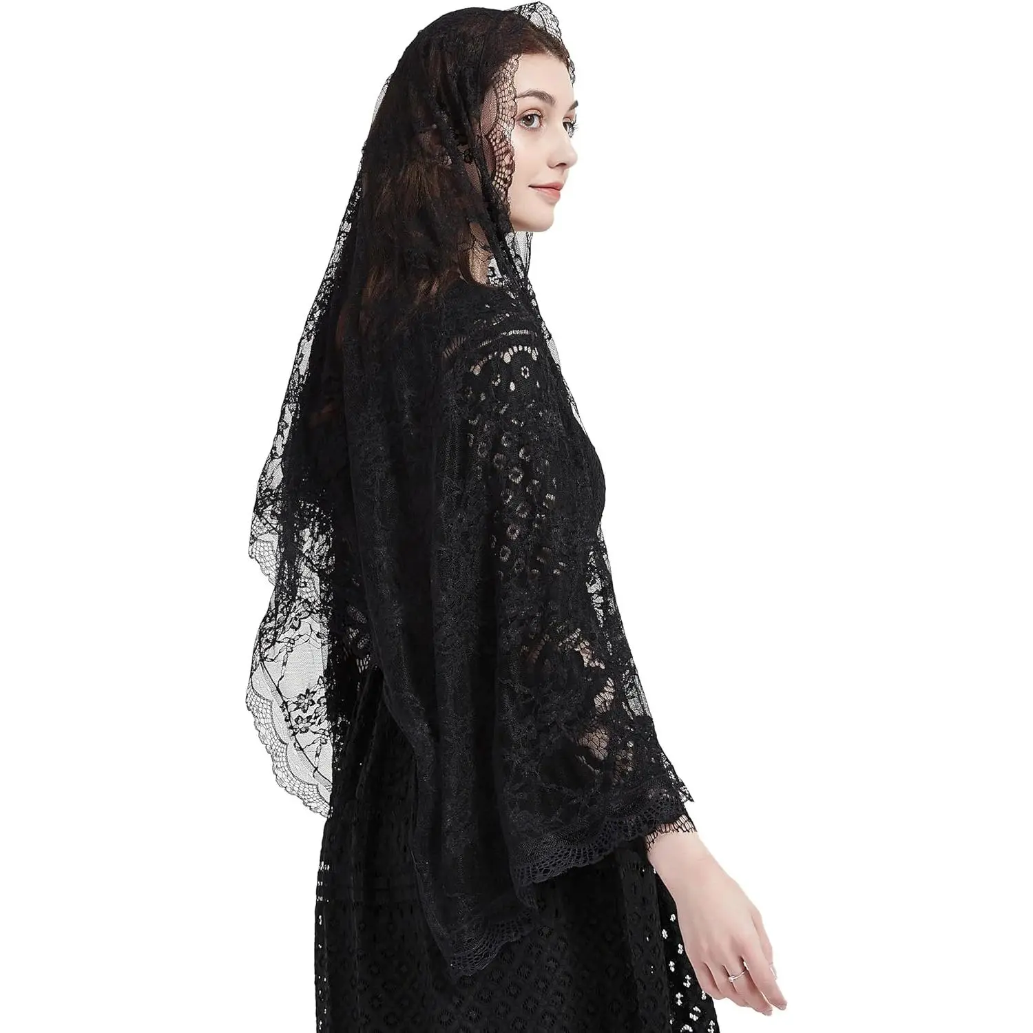 Rectangle Floral Tulle Shawl Chapel Veil with  Mantilla Church Veil Y042