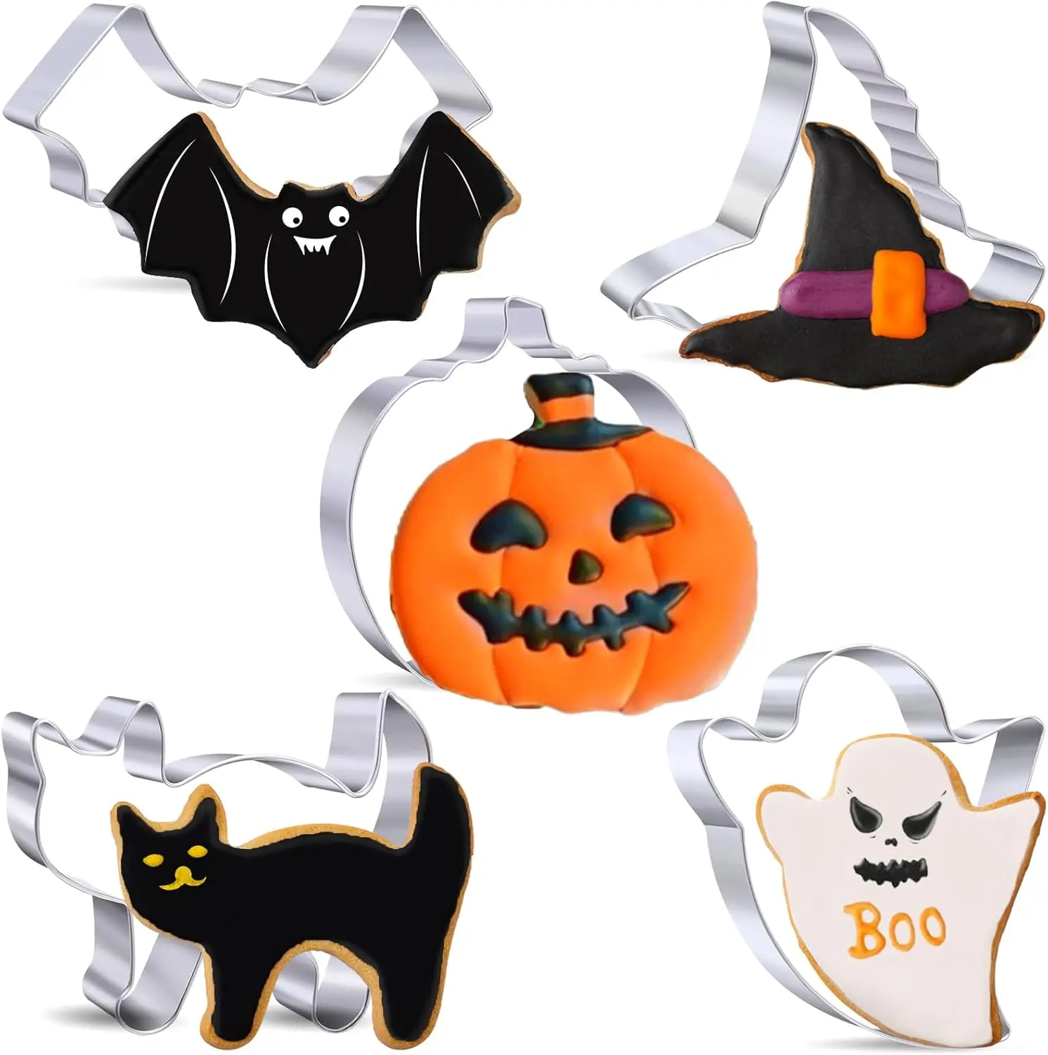Halloween Cookie Cutters 5 Pieces, Holiday Cookie Cutter, Shape Pumpkin Bat Witch Hat Cat Ghost, Stainless Steel Cutter for Halloween