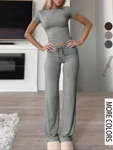 Women's Two-Piece Sweatsuits Set Autumn Y2K Sport Daily Solid Color Short Sleeve Round Neck T-Shirt Slim Straight Leg Pants Suit