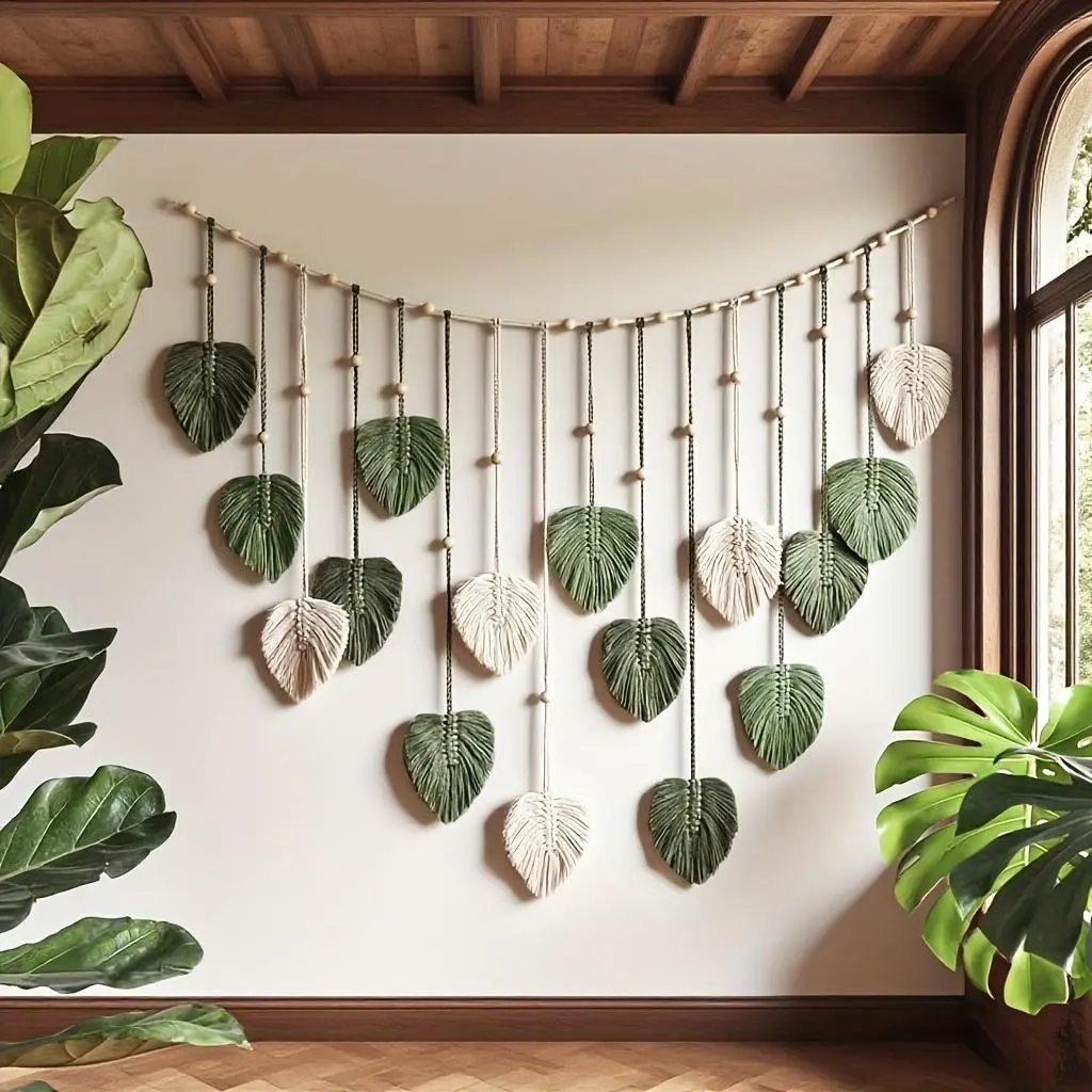 Hangable Macrame Feather Wall Hanging - 1 Count Boho Leaf Design Tapestry, Aesthetic Home Decor Accessory, Unique Room Decor for Living Room, House Interior Gifting