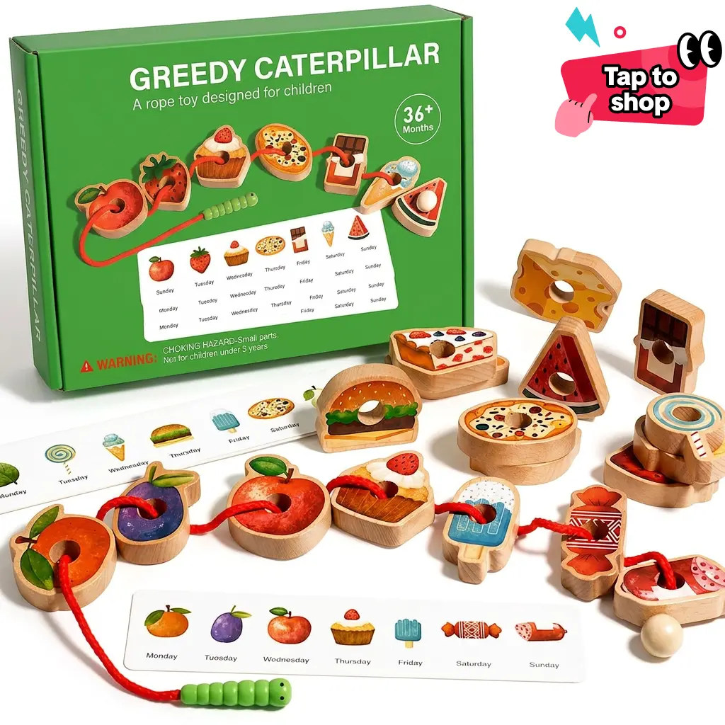 Wooden Greedy Caterpillars Rope and Bead Toddler Toy Set - 1 Set Educational Toy for 3-4 Years Olds, Supports Development, Enhances Fine Motor Skills, Focus & Logical Thinking Training, Toddler Toys