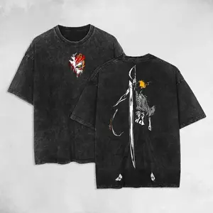 Men's Retro Limited Edition Bleach "Ichigo" Round Neck Shortsleeve Tshirt - Acid-Washed Cotton, Relaxed Loose-Fitting, Multi-Size, Double-Sided Printed, Lightweight, Ideal Gift for Anime Fans, Summer Casual Menswear