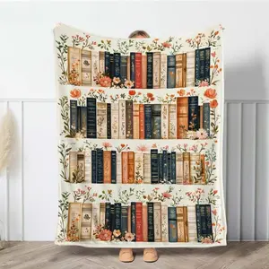 Vintage Bookshelf Library Throw Blanket Cozy Cottagecore Design All Season Soft Warmth Perfect For Home Bedroom Bed Sofa Picnic Use Durable Machine Washable Fabric Book Lover Essential For Reading Comfort