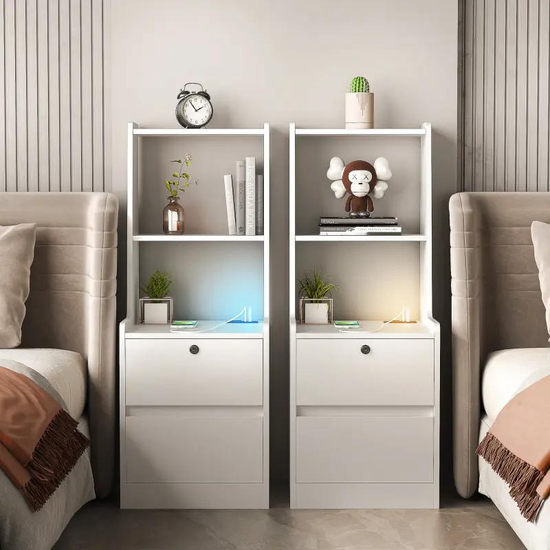 White Modern Nightstands Set of 2 with Charging Station, Nightstand LED, Bookshelf & Storage Cabinet, Smart Bedroom Bedside Tables