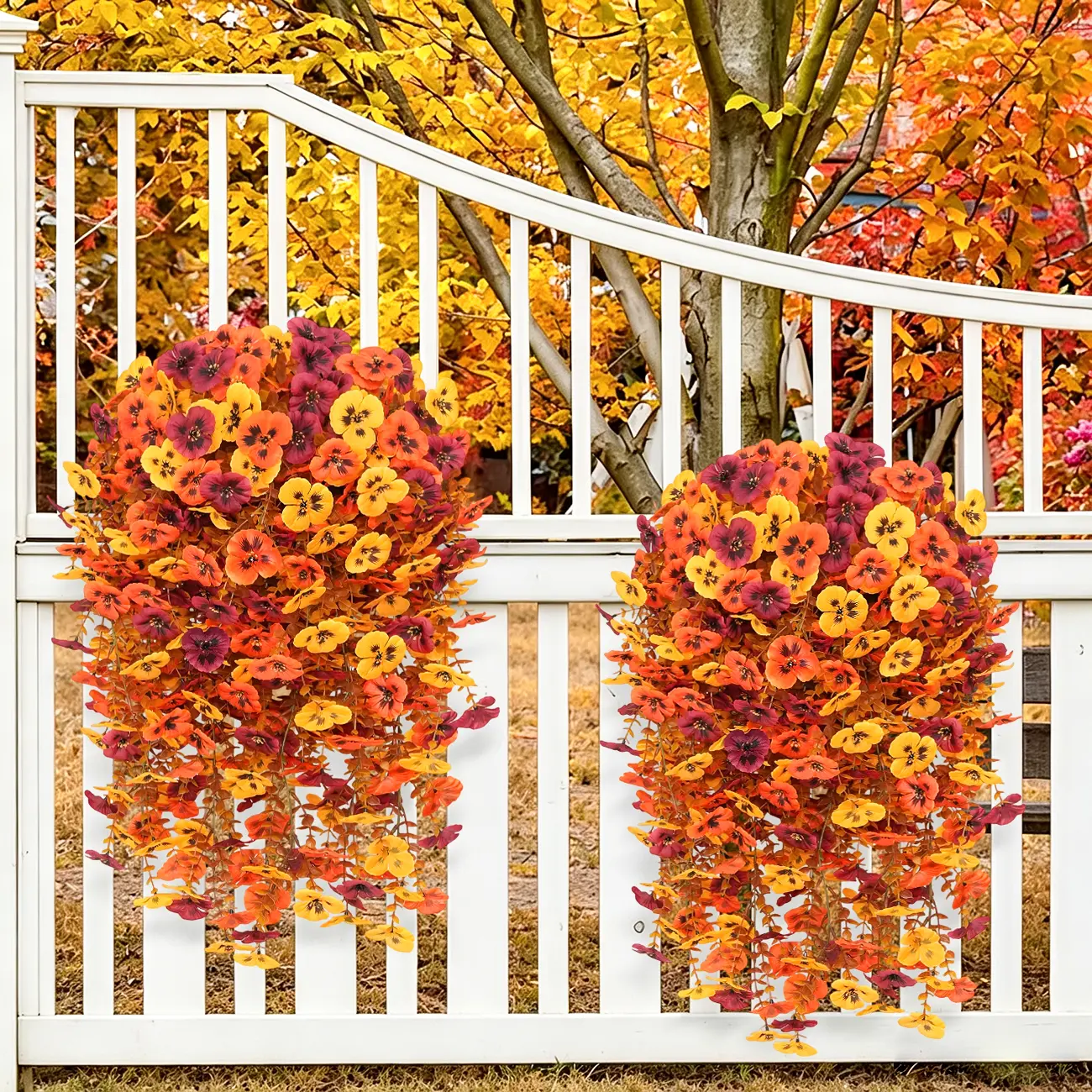 8Pcs UV-Resistant Artificial Outdoor Hanging Planters - Faux Silk Pansy Vine with Eucalyptus Leaves, Realistic Decor for Porch, Patio, Fall Home & Indoor Floral Arrangements