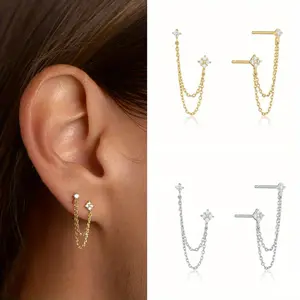 2 Pairs Gold+ Silver  Elegant Women Chain Tassels Earrings Exquisite Shiny Zirconia Earrings Personalized Ear Loops Long Chain Tassel Earrings Set Party Fashion Jewelry Gift