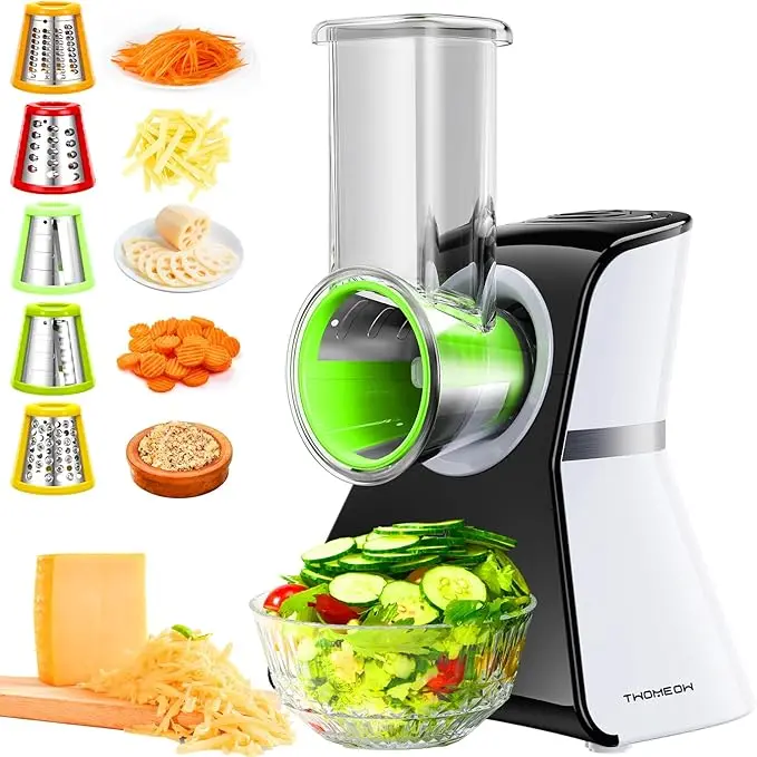 TWOMEOW Electric Rotary Grater Salad Shooter - 5-In-1 Multi-Functional Steel Gadget with Safety Pusher, 1-Touch Op., Interchangeable Blade Cones, Vegetable Slicer, Cutter, Fruit & Vegetable Chopper, Cleaning Brush, Small Kitchen Household Appliance
