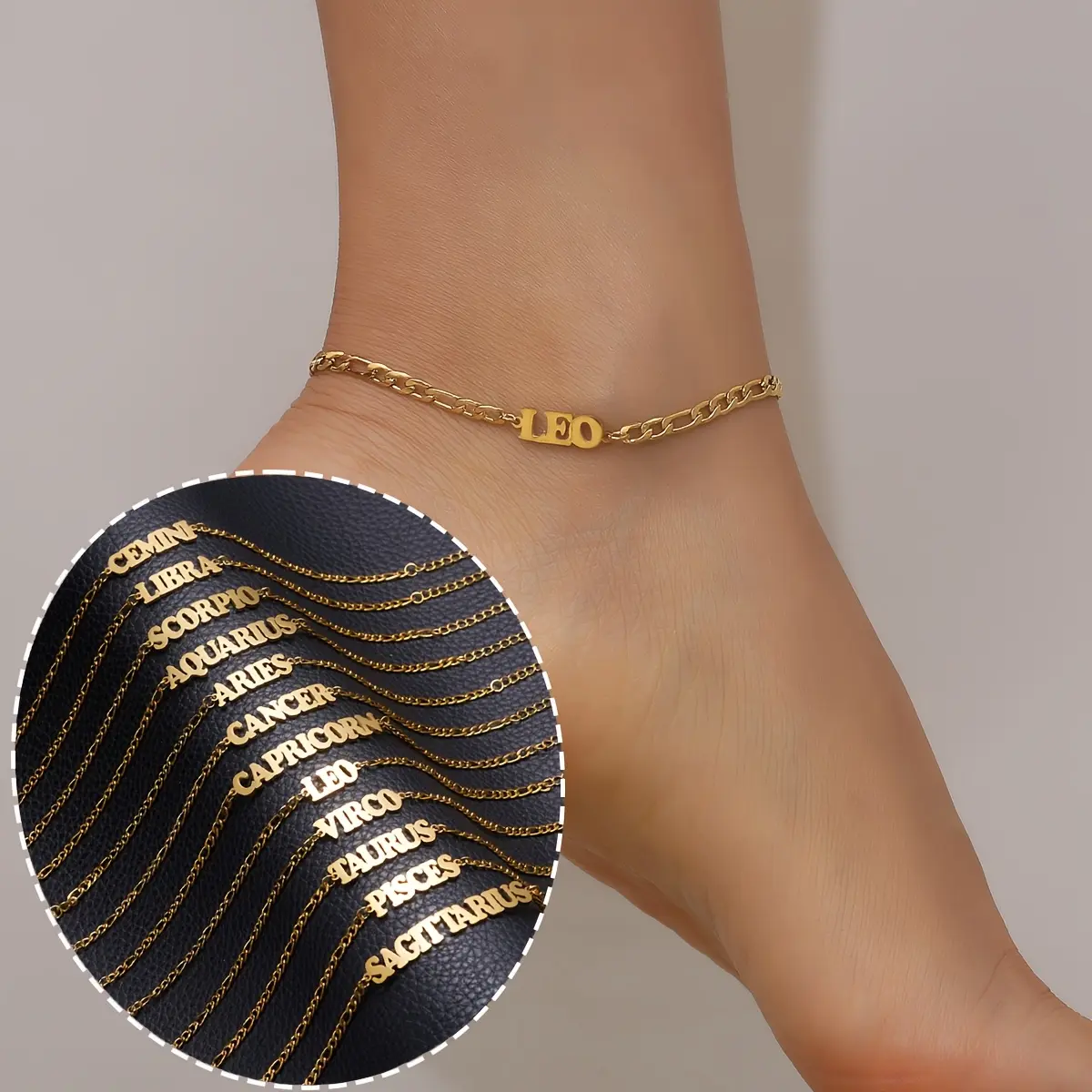 Stainless Steel 12 Constellation English Letter Cuban Chain Anklet - Gold Metal Coating, Personalized, Dainty Layered, Unisex Minimalist, Letter Charm, Casual, Fashion Jewelry for Women’s Daily Wear, Vacation, Anklets For Women, Chain Anklet Anklets