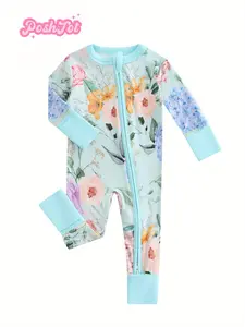 Poshtot Green Flower 220gsm Bamboo Fiber Baby Romper with 2-Way Zipper, Convertible Mittens, and Lightweight Design for Newborns & Up to 12-24 Months