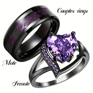 Romantic Couples Rings Women Heart Vintage Promise Ring Men Dragon Ring Purple Red Green Blue Zircon Promise Ring for Men Women Engagement Wedding Gift