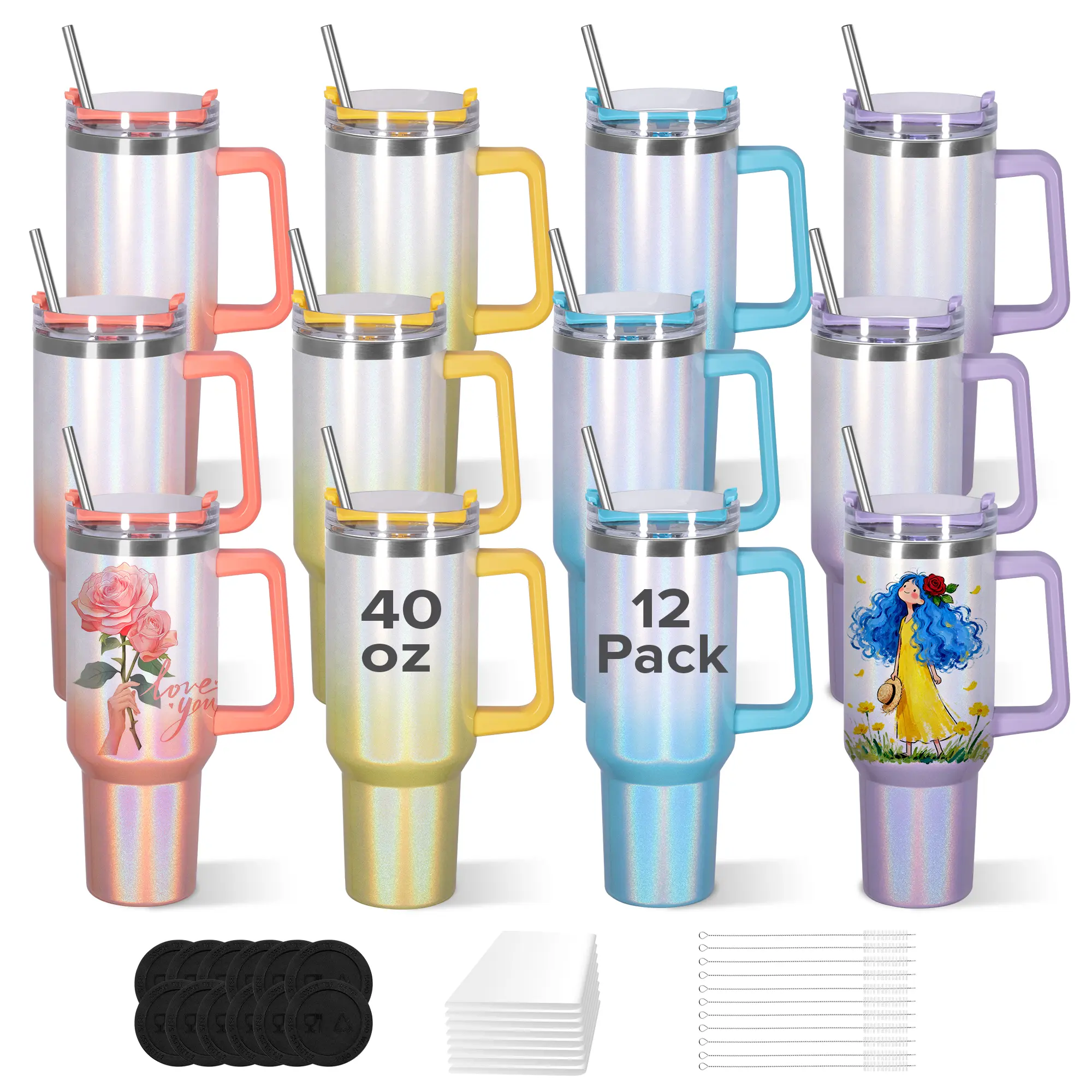FASTSUB 12-Pack 40oz Gradient Glitter Stainless Steel Tumbler Set - Vacuum Insulated Drinkware Flasks with Handle, Straw, Anti-Leak Lids for Heat Transfer Printing (Ombre Effect Bulk Blanks for Bulk Resell, Personalized Gifts)