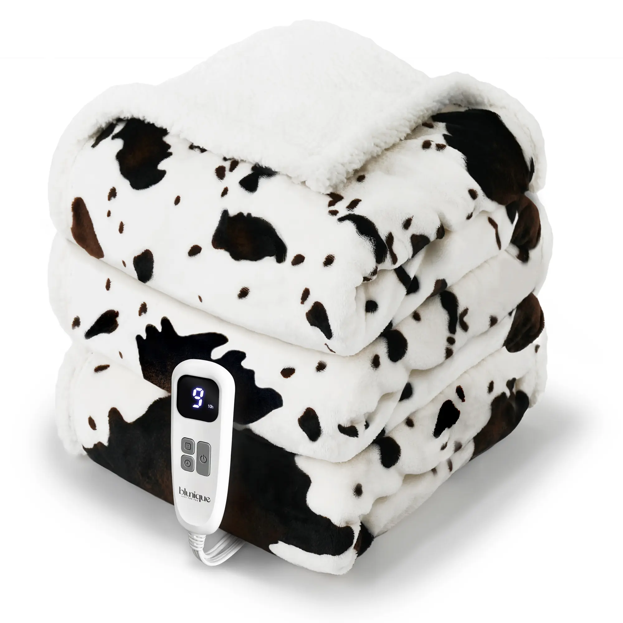BLUNIQUE Cow-Print Heatable Electric Throw Blanket, 50x60 in, Adjustable Thermostat (10 Heat Settings), 4-Hour Auto Shut-Off, Quick Heating, Machine Washable Flannel-Sherpa, Convenience for Couch, Bedroom, 50X60 Inches, Safety Certified