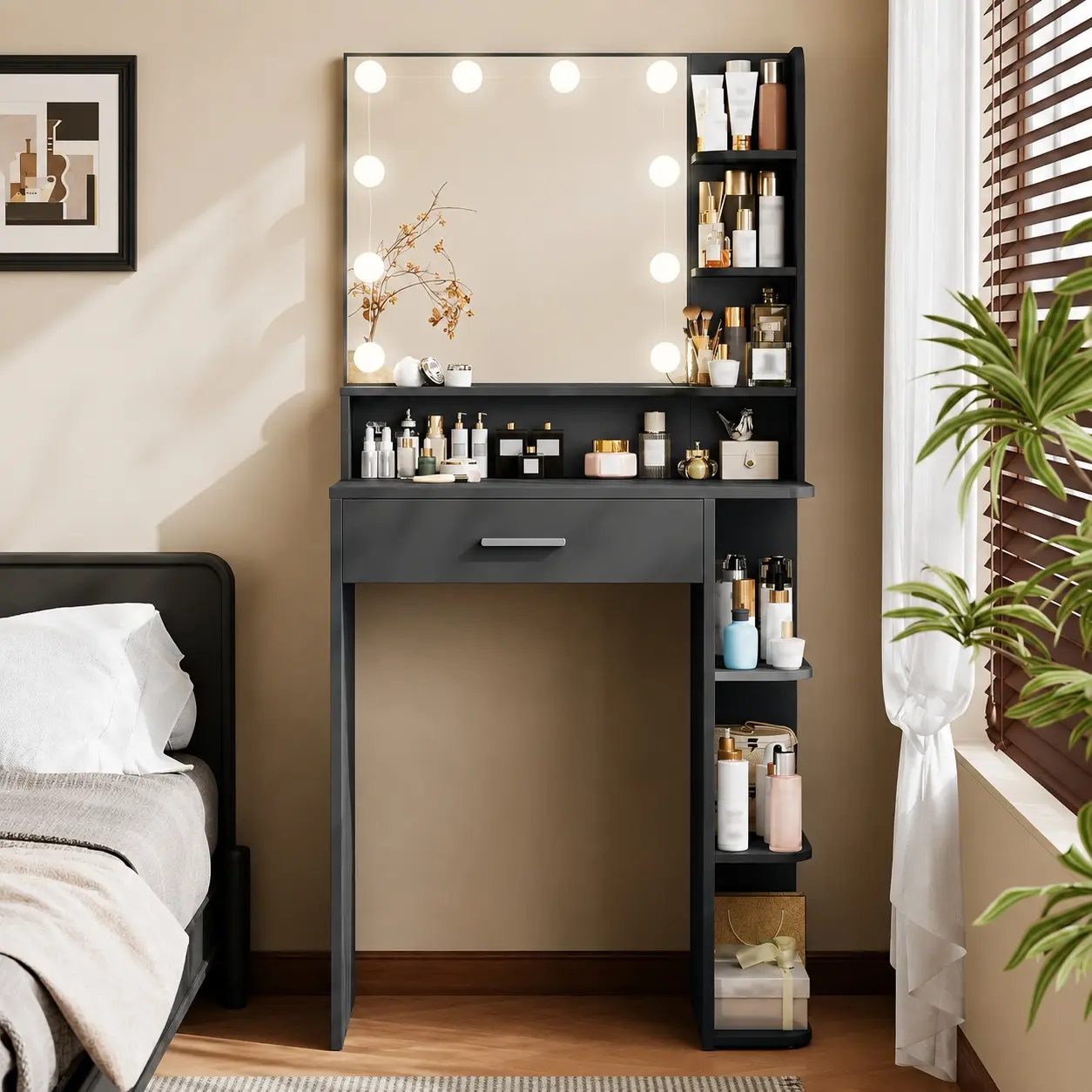 26.4''W LED Vanity Dresser - Lighted Compact Makeup Vanity with Adjustable 3 Color Lighting Modes, 6-Tier Shelves, Storage Drawer, Built-in Power Outlet, Hair Dryer Holder, Assembly Required, Space-Saving Bedroom Furniture for Small Spaces, Ideal Gift