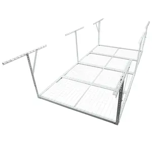 Heavy-Duty Metal Overhead Garage Storage Rack Organizer, 4x8FT, 22"-40" Adjustable Drop, 600 lbs Capacity, White, Ideal for Storing Wood and Work Tools