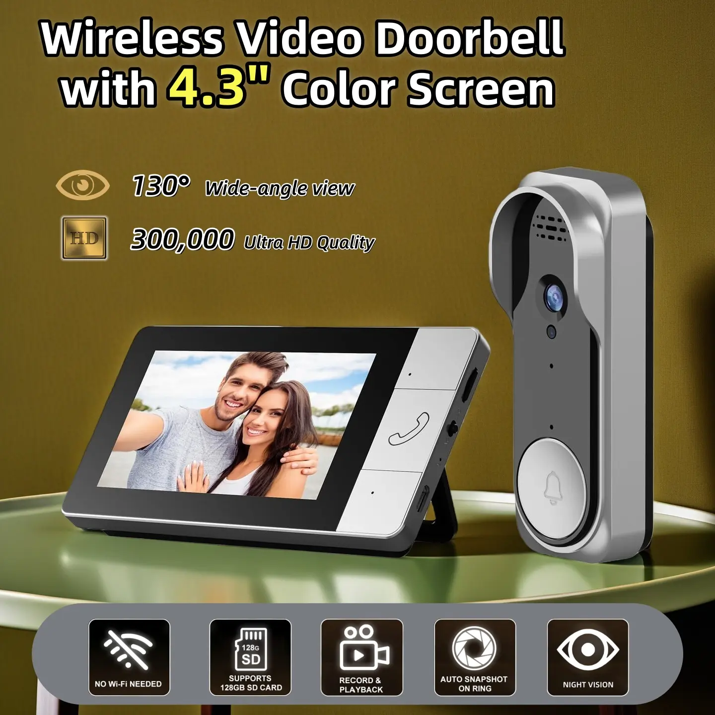 Wireless Waterproof Video Doorbell Camera with 4.3-in Color Monitor, 2-Way Audio, Infrared Night Vision, 130° Wide Angle, 2.4G Connectivity Support, No WiFi or APP Required