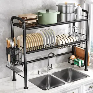 Over The Sink Dish Drying Rack - Adjustable 2 Tier X-Large Capacity Stainless Steel Drainer with Cutlery & Utensil Holders, Kitchen Storage & Organization