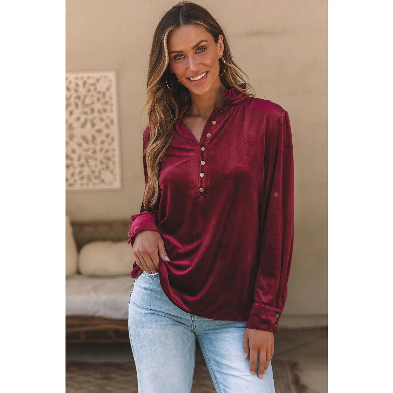 Women's Elegant Velvet Blouse for Lady, Casual Long Sleeve Button-Down Top with Frill Neck and Luxury Texture, Fashion