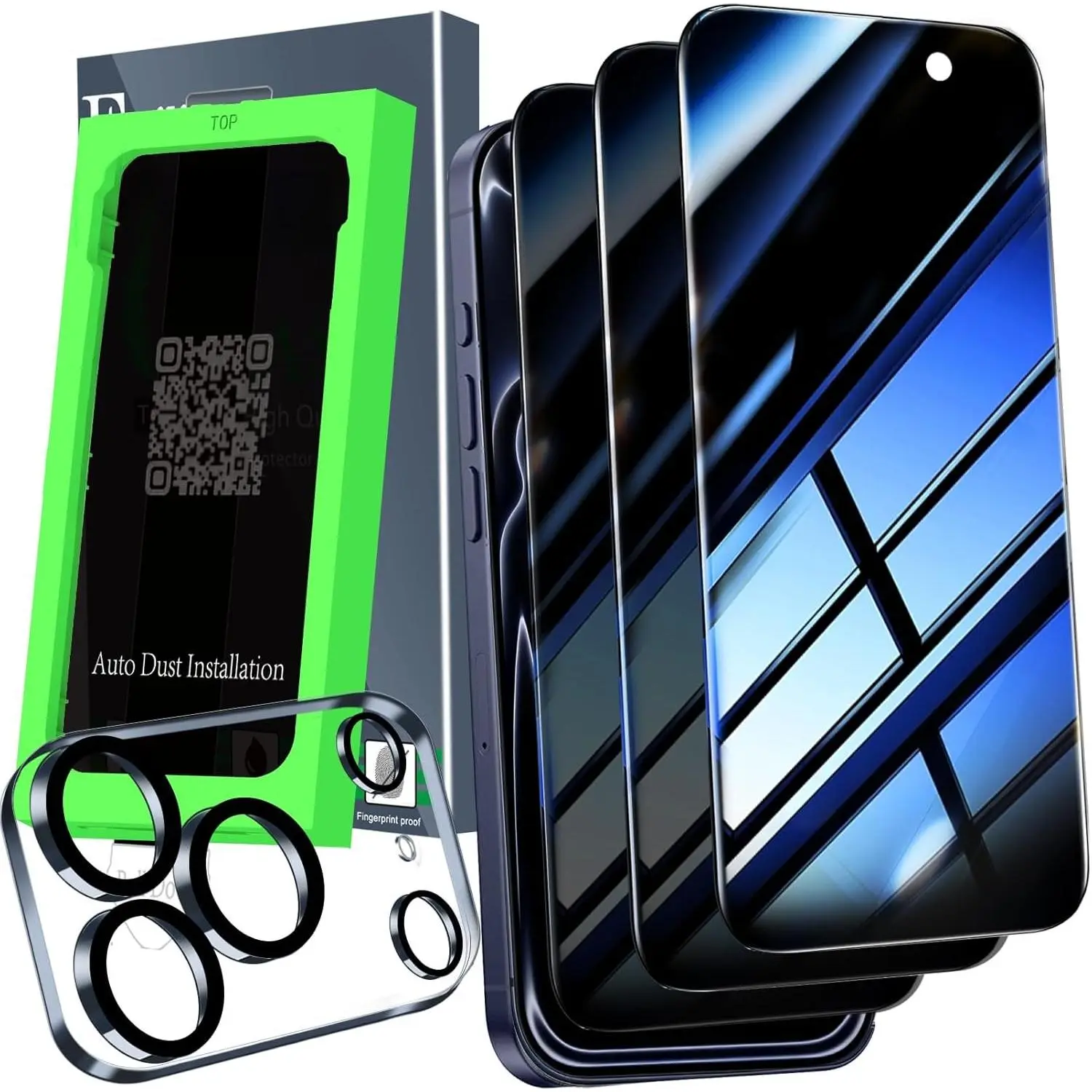 Auto-Dust-Install 3 Pack  Screen Protector for  17 Pro Max with (Private Accessories)-Metal  Alloy Camera Lens Protector, Tempered Glass Cover, Case Friendly