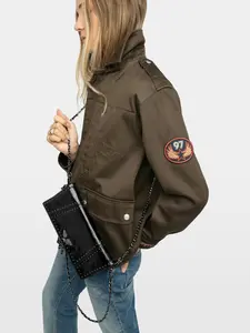 Women's Black Studded Crossbody Bag Distressed PU Leather Chain Shoulder Bag Rock Chic Foldover Purse with Wing Emblem