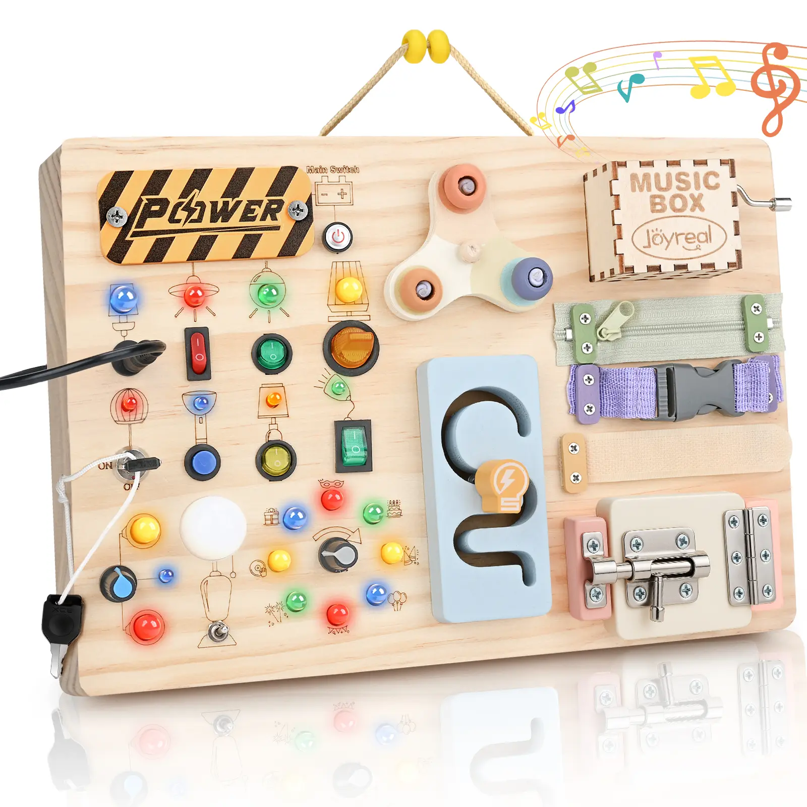 Joyreal Wood Unisex Toddler Toy Busy Board, 31.5x21cm Montessori Activity Toy for 2-3 Year Olds, with 20 LED Lights, 19 Fine Motor Skills Features, Music Box, AAA Certification, Patience-Building, for Christmas/Birthday Gifting