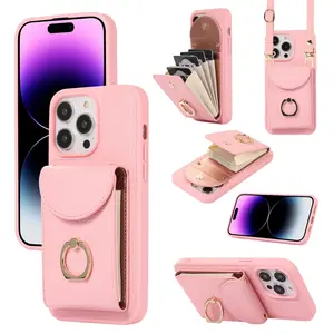Phone Case with Card Holder & Ring Holder, Faux Leather Phone Protector, Phone Accessories Compatible with iPhone 15 14 13 12 11 Pro Max