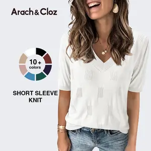 Arach&Cloz Women's Tops 2026 Spring Summer Short Sleeve Sweater Fashion Trendy Dressy Casual Outfit Versatile Knit Blouse