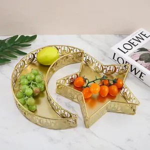 2 counts Star & Moon Shaped Dessert Display Tray, Ramadan Iron Material Fruit Plate, Star and Moon Plates, Home Decor Ornament for Living Room Dining Room Party